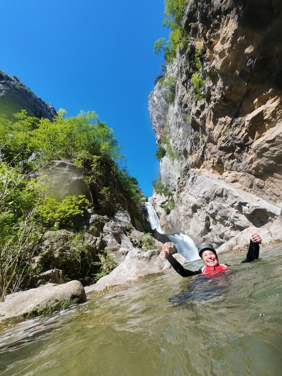 Swimming in a waterfall pool while canyoning on the Cetina